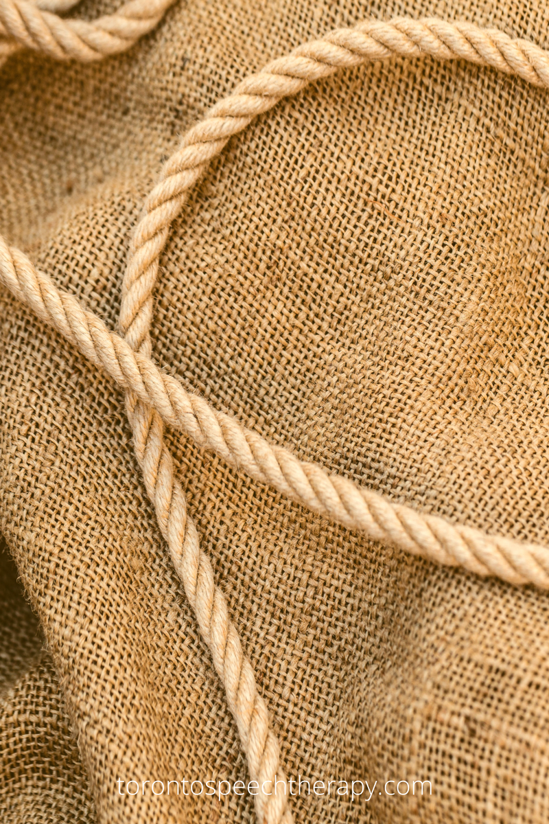 WELL SAID: TORONTO SPEECH THERAPY. A close-up of a coiled beige rope lying on a textured burlap fabric, with the words torontospeechtherapy.com written at the bottom.